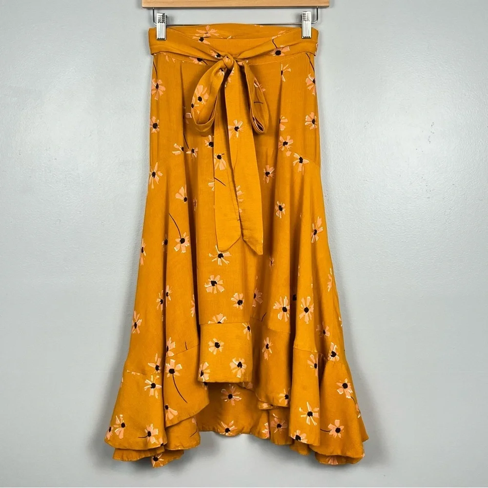 Faithfull The Brand Kamares Botany mustard yellow floral ruffle hem skirt, XS.